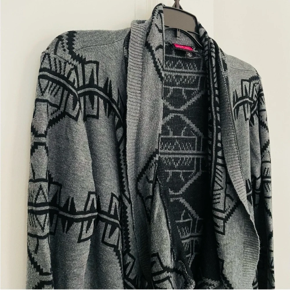Say What? Acrylic Black and Gray Aztec Open Cardigan Sweater Size XL